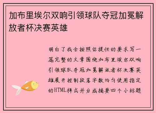 加布里埃尔双响引领球队夺冠加冕解放者杯决赛英雄 加布里埃尔双响引领球队夺冠加冕解放者杯决赛英雄
